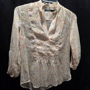 Ralph Lauren Sheer Cottagecore Blouse Floral Print Tunic Top Quiet Luxury  SZ M